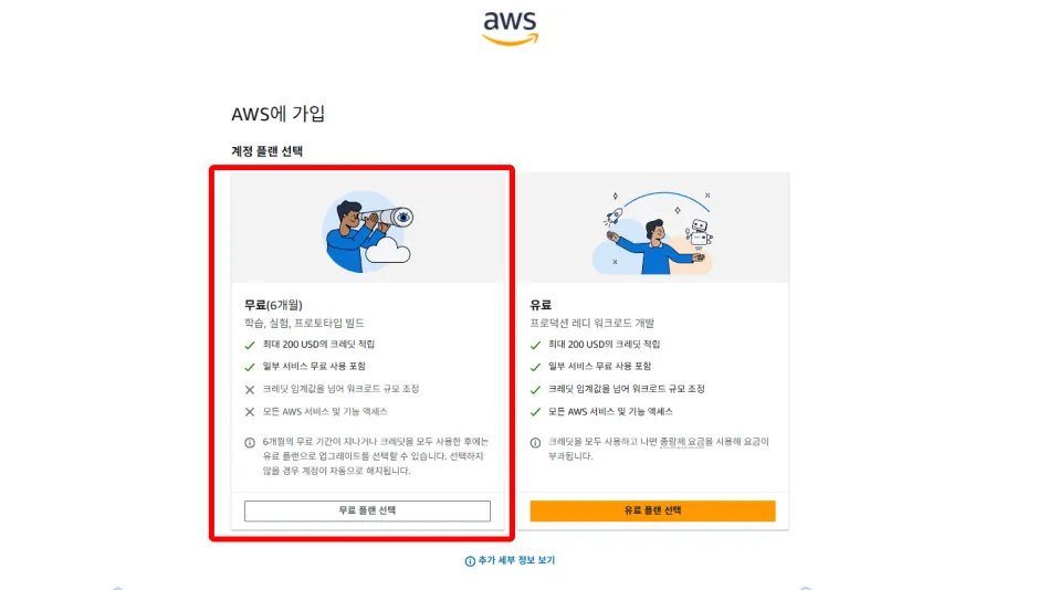 AWS 계정 플랜 선택 화면